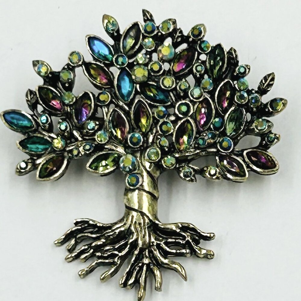 TREE OF LIFE BROOCH RHINESTONE CRYSTAL GLASS MULTICOLORED STONES GOLDTONE METAL